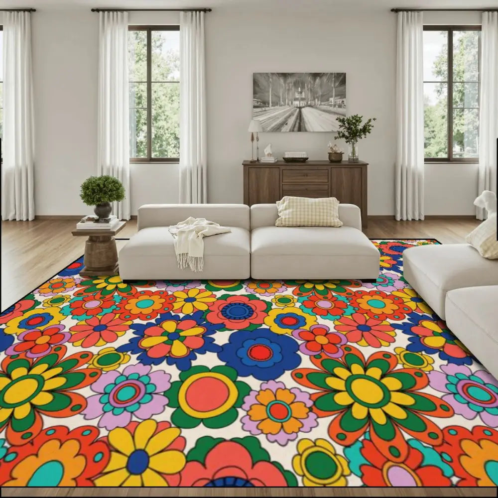 70s Flowr Power Retro Midcentury Rug, Floral Soft Non-Slip Area