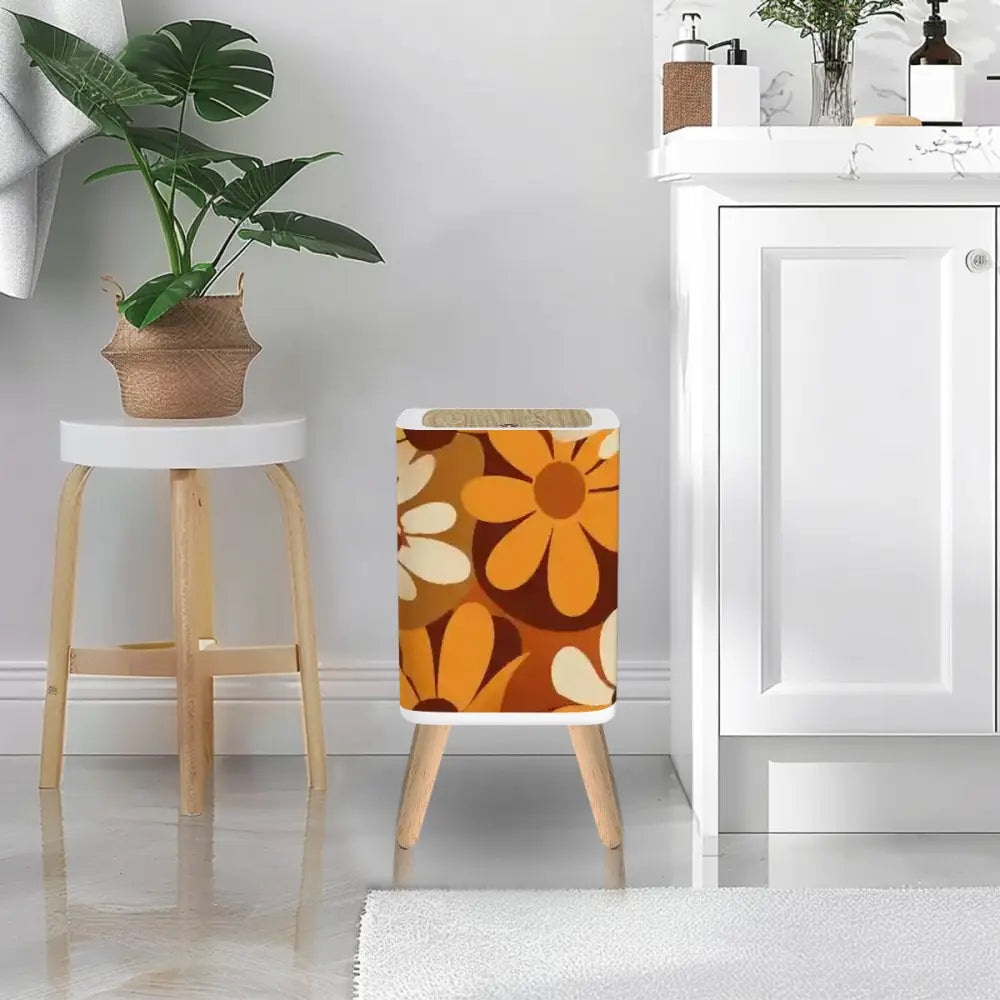70s Retro Scandi Square Small Trash Can with Lid - Hippie Flower