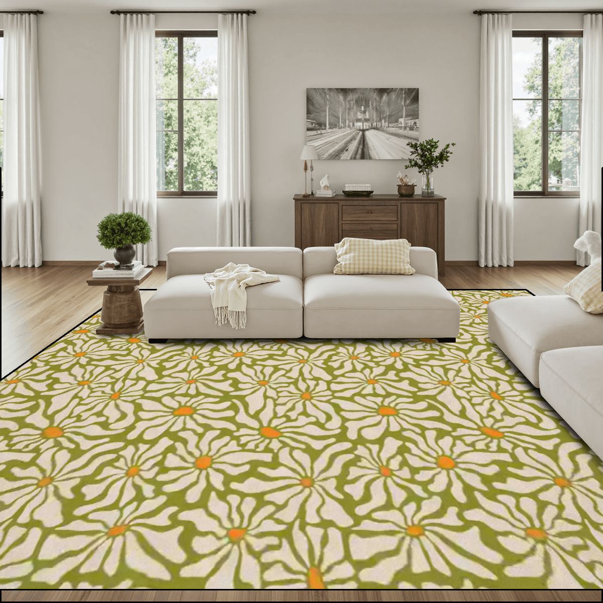 Midcentury 70s Retro Daisies Rug 12x9 ft – Large Floral Non-Slip