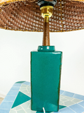 1970s MIDCENTURY turquoise black ceramic lamp by Strehla GDR, Wicker Shade