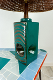 1970s MIDCENTURY turquoise black ceramic lamp by Strehla GDR, Wicker Shade
