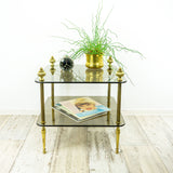 Square 1980s GOLDEN BRASS Smoked Glass Side TABLE with 2 tiers
