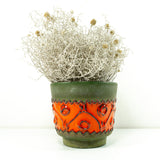 Exceptional 1960s-70s WGP CERAMIC PLANTER, olive green with orange relief pattern