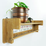 GERMAN Vintage Wooden KITCHEN SHELF, Antique Towel Holder With Ceramic Tiles