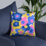 70s FLOWER PILLOW Hippie Retro Flower Power Mod, Midcentury Style Pink Blue Yellow
