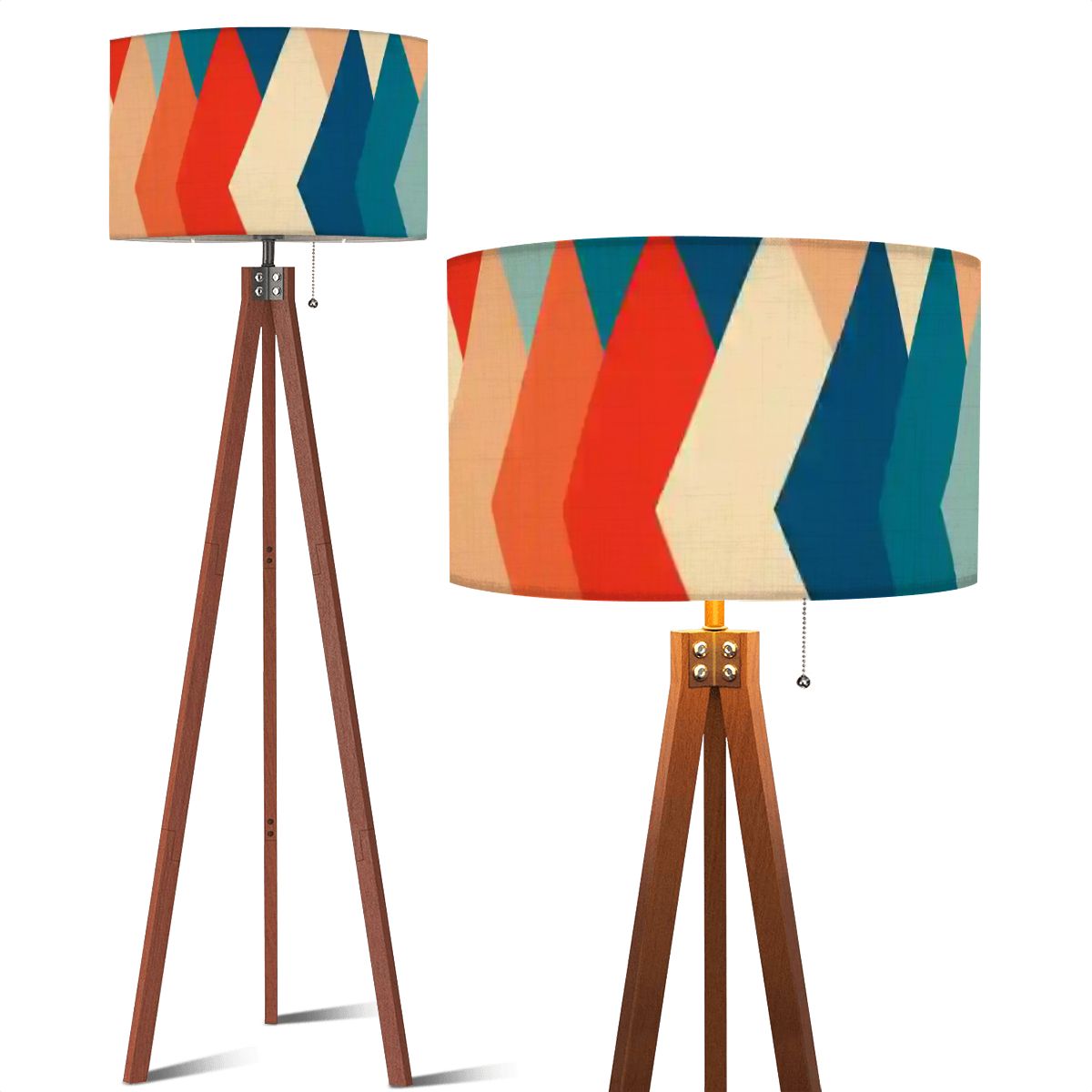 Retro 70s Midcentury Style Floor Lamp Wooden Tripod Linen Shade