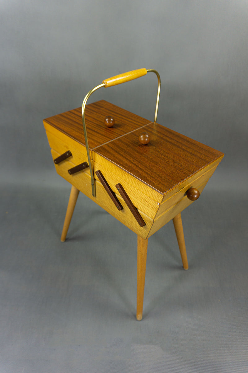 1960s wooden BICOLOR SEWING BOX on tapered legs, vintage folding box –  VINTARAMA