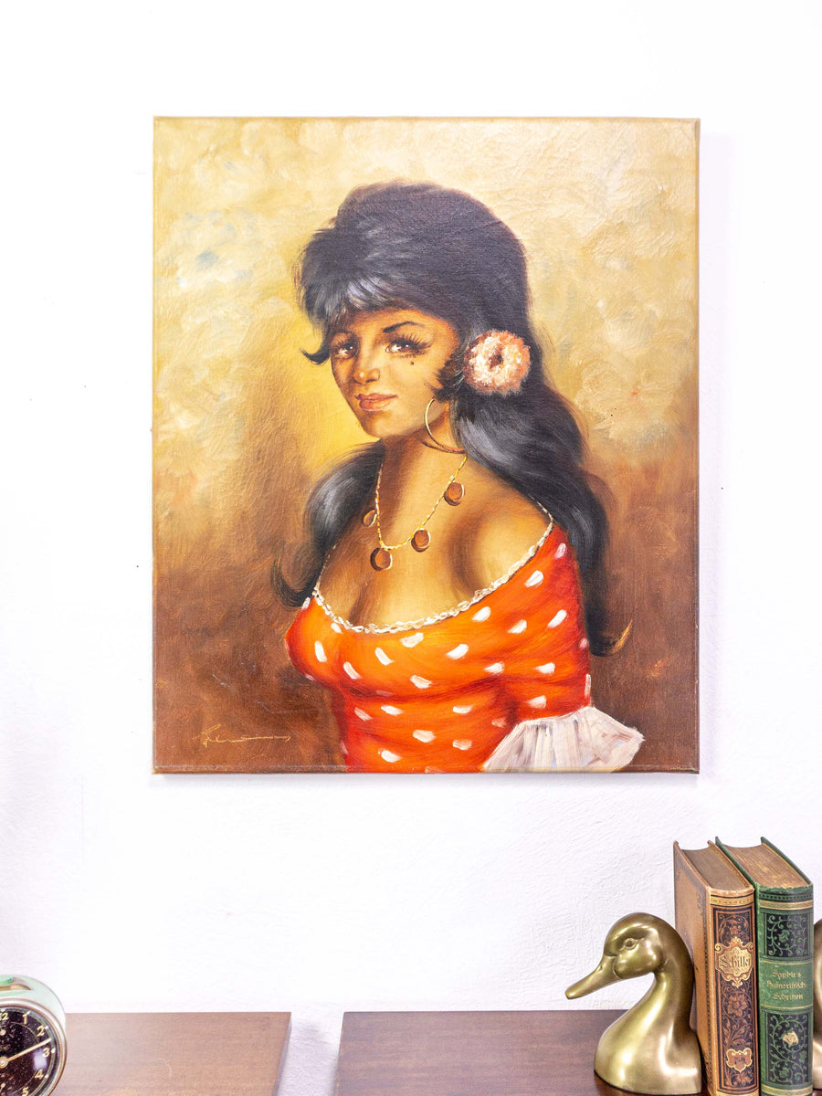 60s ORIGINAL OIL PAINTING portrait of a young gypsy woman in red dress –  VINTARAMA