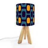 Retro 70s Pattern Table Lamp – Wood Tripod Base, Linen Shade