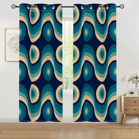 Blue Midcentury Modern Blackout Curtains: 70s Retro Multi Sizes Panels