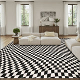 60s Op-Art Checkered Retro Floor Rug – Black White Large Plush Non-Slip Carpet