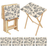 Black Toile de Jouy retro TV tray set of 4, open table and four folded trays with storage rack