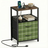 Green Plaid Style Retro 60s Bedside Cabinet with Integrated Power Access