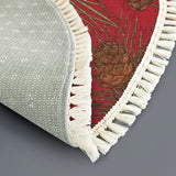 Red Pine Cone Round Christmas Rug with Tassels – Vintage Style Retro