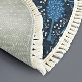 Navy Blue Woodland Animals Round Winter Rug with Tassels – Folk Retro