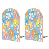 Retro Pastel Daisy wooden bookends, set of 2, with pastel daisies on light blue