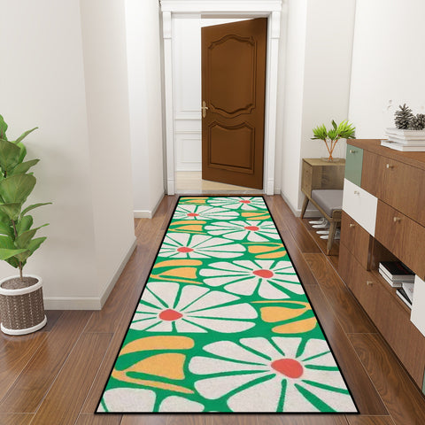 Floral 70s Multiple Sizes Runner Rug – Midcentury White Green Yellow