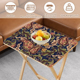 Navy Paisley retro TV tray set of 4, tabletop close-up with fruit bowl