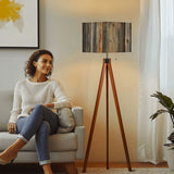 Weathered Wood Retro Tripod Floor Lamp - Rustic Driftwood Linen Shade