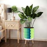 70s Midcentury Scandi Style Plant Pot with Wooden Legs, Wavy Blue Green