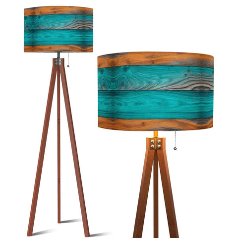 Mid Century Modern Retro Tripod Floor Lamp, Rustic Wood Grain Blue