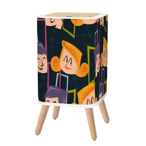 Scandi Square Small Trash Can with Lid, Faces 50s Mid Century Pattern Black