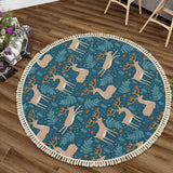 Teal Beige Reindeer Round Christmas Rug with Tassels – Scandi Retro