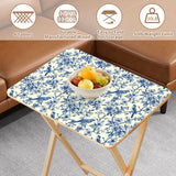 Blue Floral Toile retro TV tray set of 4, tabletop close-up with fruit bowl
