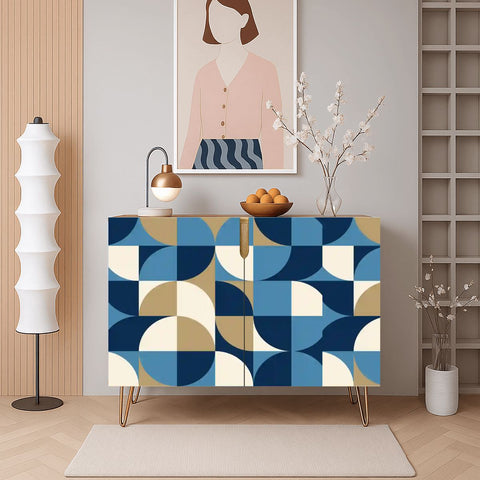 Retro Wooden Storage Cabinet – Geometric Blue Grey