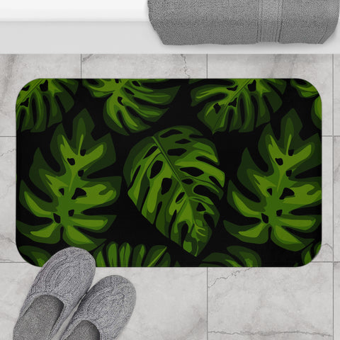 Retro 60s Monstera Pattern Bath Mat | Mid Century Black Green Decor