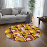 Orange Brown Retro 70s Round Rug, Boho Chenille Mid-Century Style Area Carpet