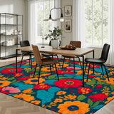 Large Floral Midcentury Retro Rug 12x9 ft – Soft 70s Style Non-Slip Carpet