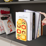 Mod Rectangles retro wooden bookend on a dark shelf with books