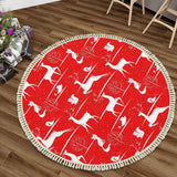 Red White Deer Fox Bunny Round Christmas Retro Rug with Tassels
