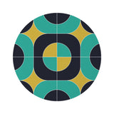 Bold 60s Retro Round Chenille Rug, Geometric Accent Black Turquoise Mustard