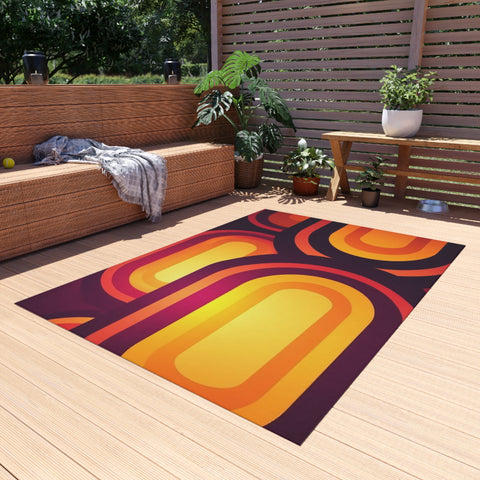 RETRO 70s Midcentury OUTDOOR RUG Orange Yellow Burgundy Non Slip, 4 Sizes