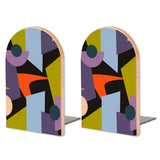 Retro Abstract Shapes wooden bookends, set of 2, with orange and black shapes on grey-blue