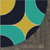 Bold 60s Retro Round Chenille Rug, Geometric Accent Black Turquoise Mustard