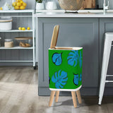 Retro Square Small Trash Can with Lid, Blue Monstera on Grass Green