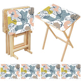 Pastel Leaves retro TV tray set of 4, open table and four folded trays with storage rack