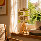 1960s Midcentury Retro Tripod Table Lamp: Green Beige Brown Linen Shade - retro table lamps