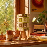 1960s Midcentury Retro Tripod Table Lamp: Green Beige Brown Linen Shade - retro table lamps