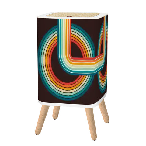Retro Scandi Nordic Small Trash Can with Lid, Geometric Rainbow Black