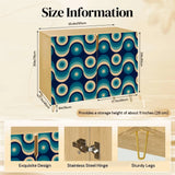 Size info for the retro wooden cabinet with blue and teal retro circle doors, showing the design, steel hinges and metal legs
