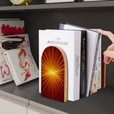 Orange Sunburst retro wooden bookend on a dark shelf with books