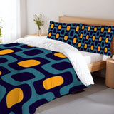 Blue Yellow Microfiber Comforter Set: Midcentury Retro Queen Size Bed