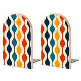 Retro Wave Lines wooden bookends, set of 2, with blue, orange and red waves