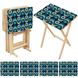 Teal Wave Circles retro TV tray set of 4, open table and four folded trays with storage rack