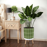 Retro Flower Pot - 70s Scandi Style Plant Pot with Wooden Legs Green Plaid