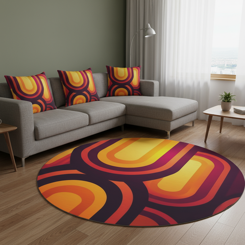 Bright 70s RETRO ROUND RUG, Boho Hippie Orange Burgundy Midcentury Accent Rug
